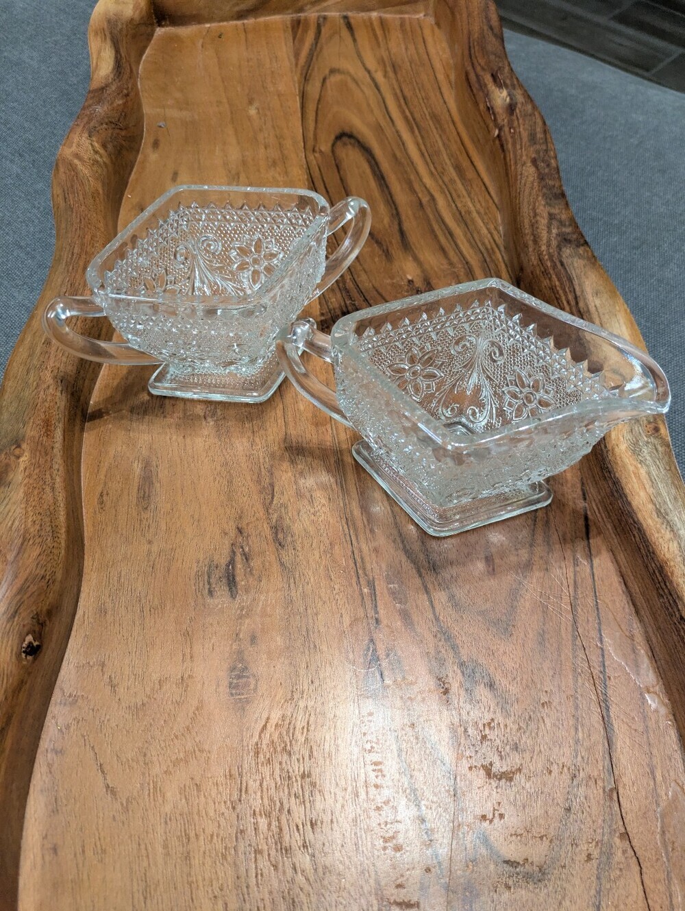 Vintage Tiara Diamond Shaped Clear Glass Sugar and Creamer
